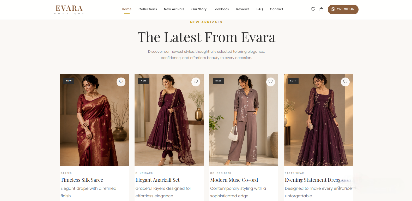 Evara Boutique fashion collections website section