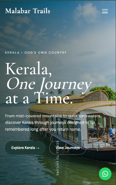 Malabar Trails travel website hero section