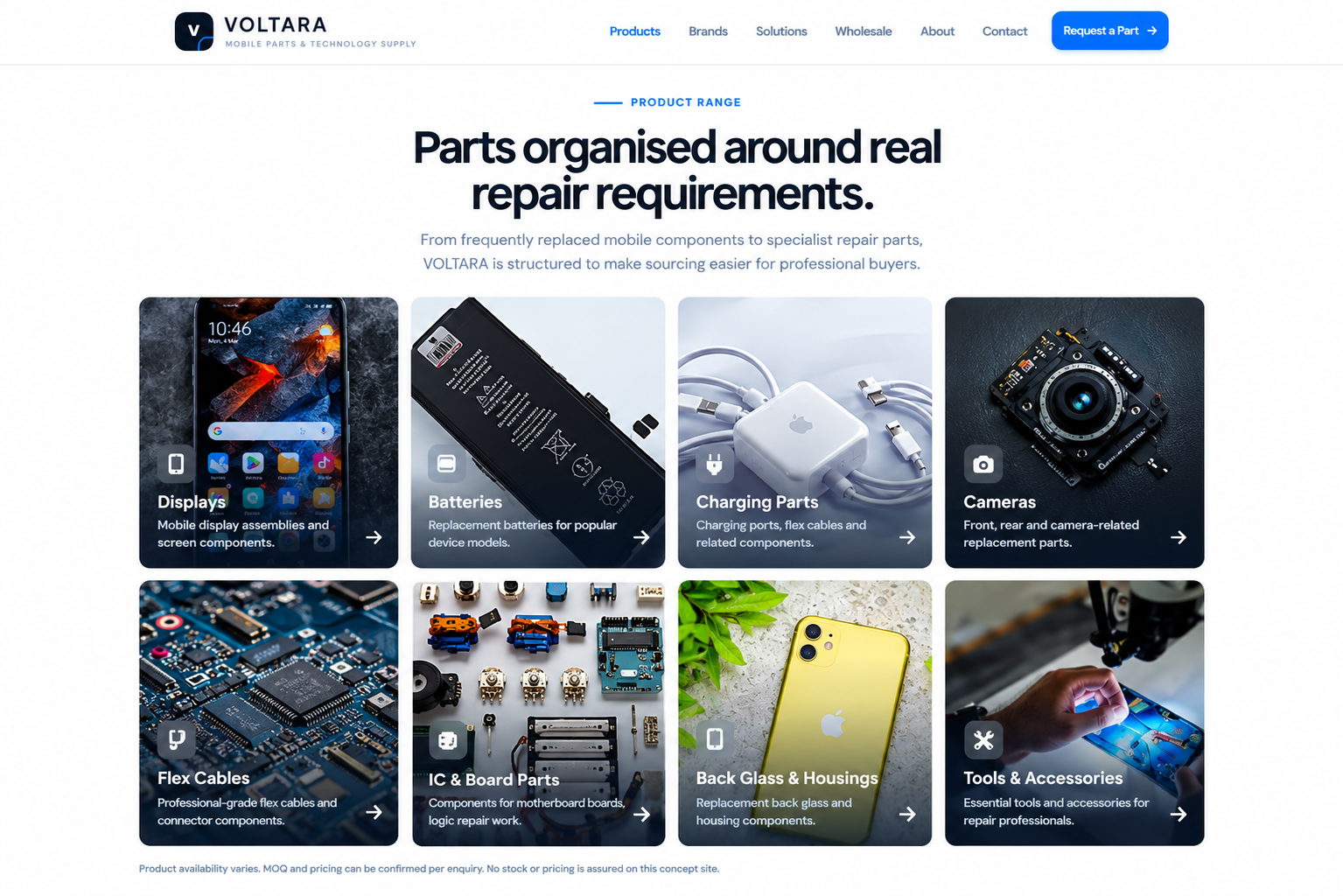 VOLTARA mobile parts product categories section