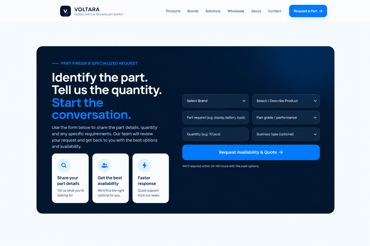 VOLTARA request a mobile part enquiry section