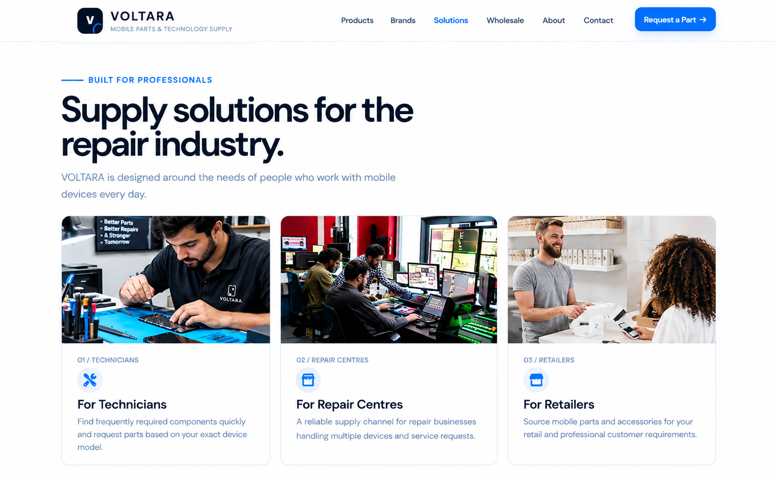 VOLTARA professional solutions section for technicians and retailers